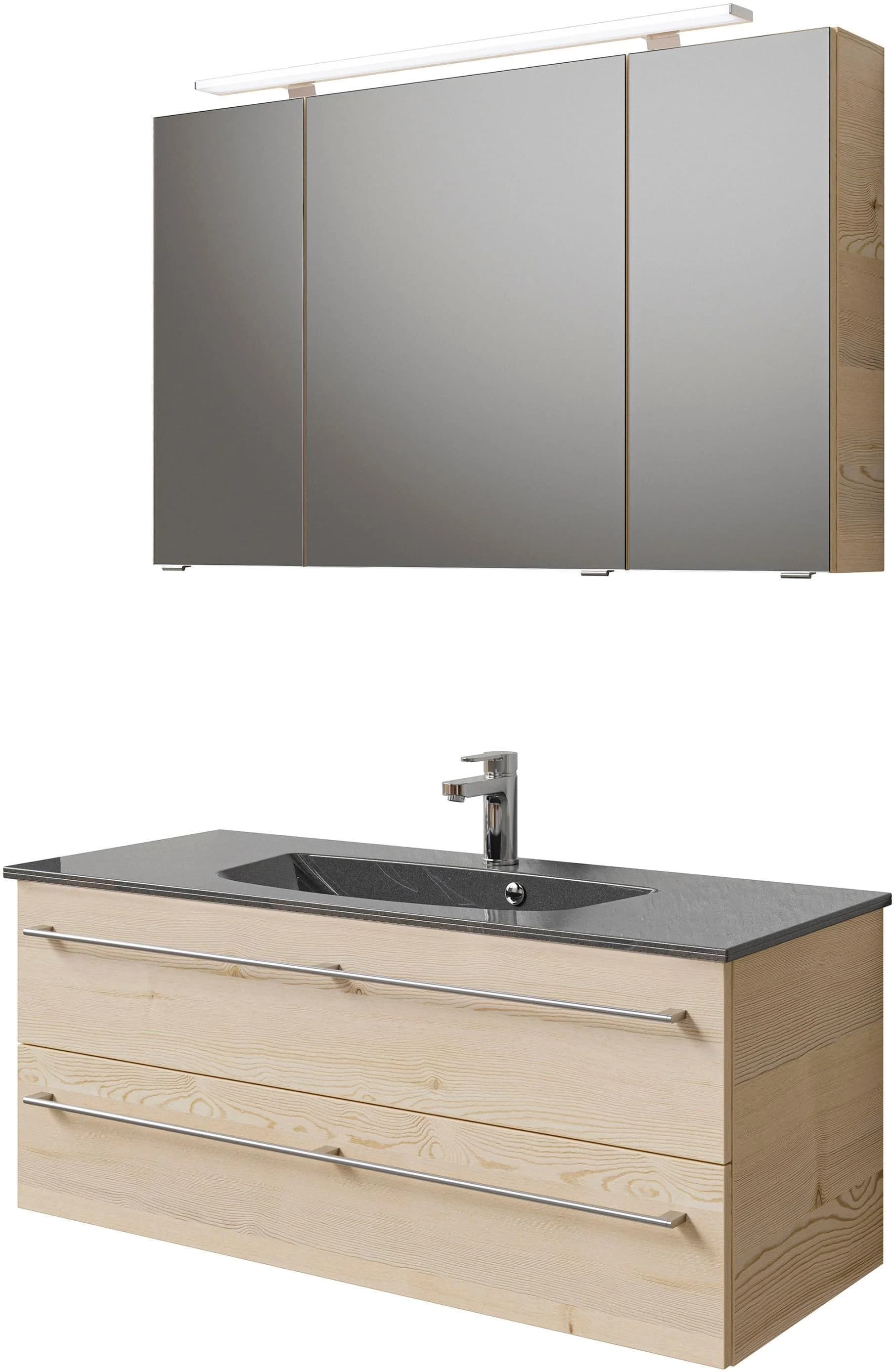 Badmöbel-Set SAPHIR Serie 6025 2-teilig Mineralmarmor-Waschtisch mit LED-Spiegelschrank Braun Polar Pinie