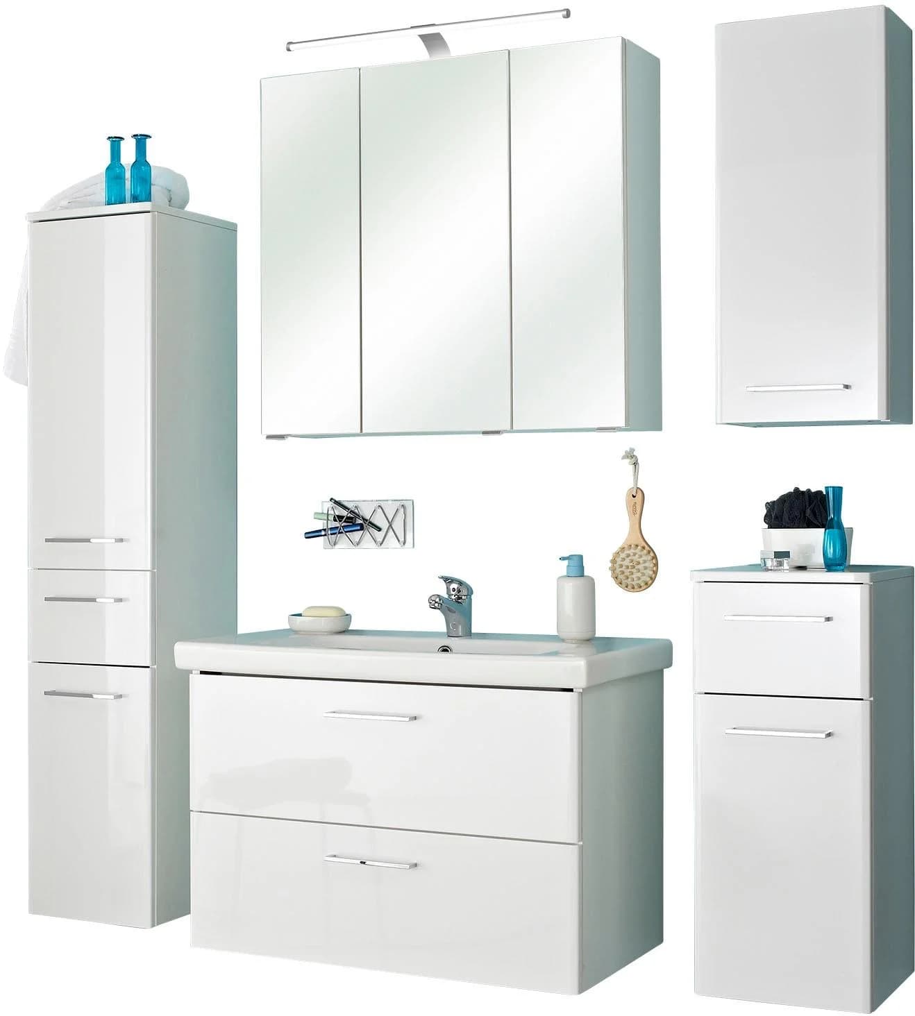 Badmöbel-Set SAPHIR Quickset 316 Weiß Hochglanz 5-teilig mit LED-Spiegelschrank