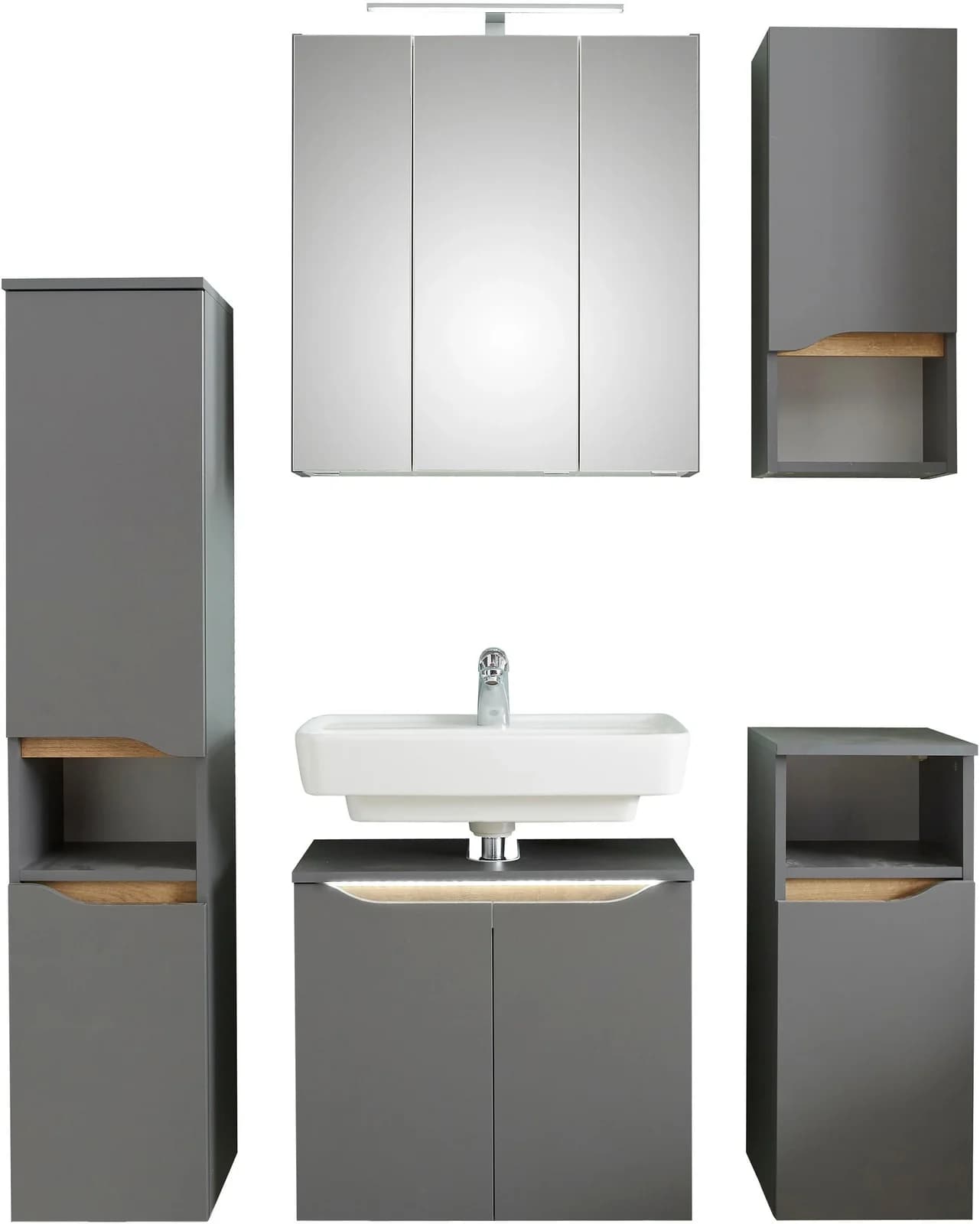 Badmöbel-Set SAPHIR Quickset 5-teilig Waschbeckenunterschrank LED-Spiegelschrank Grau