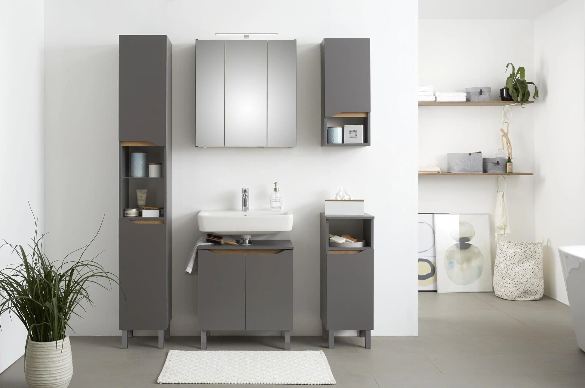 Badmöbel-Set SAPHIR "Quickset 5-teilig" Waschbeckenunterschrank mit LED-Spiegelschrank Grau