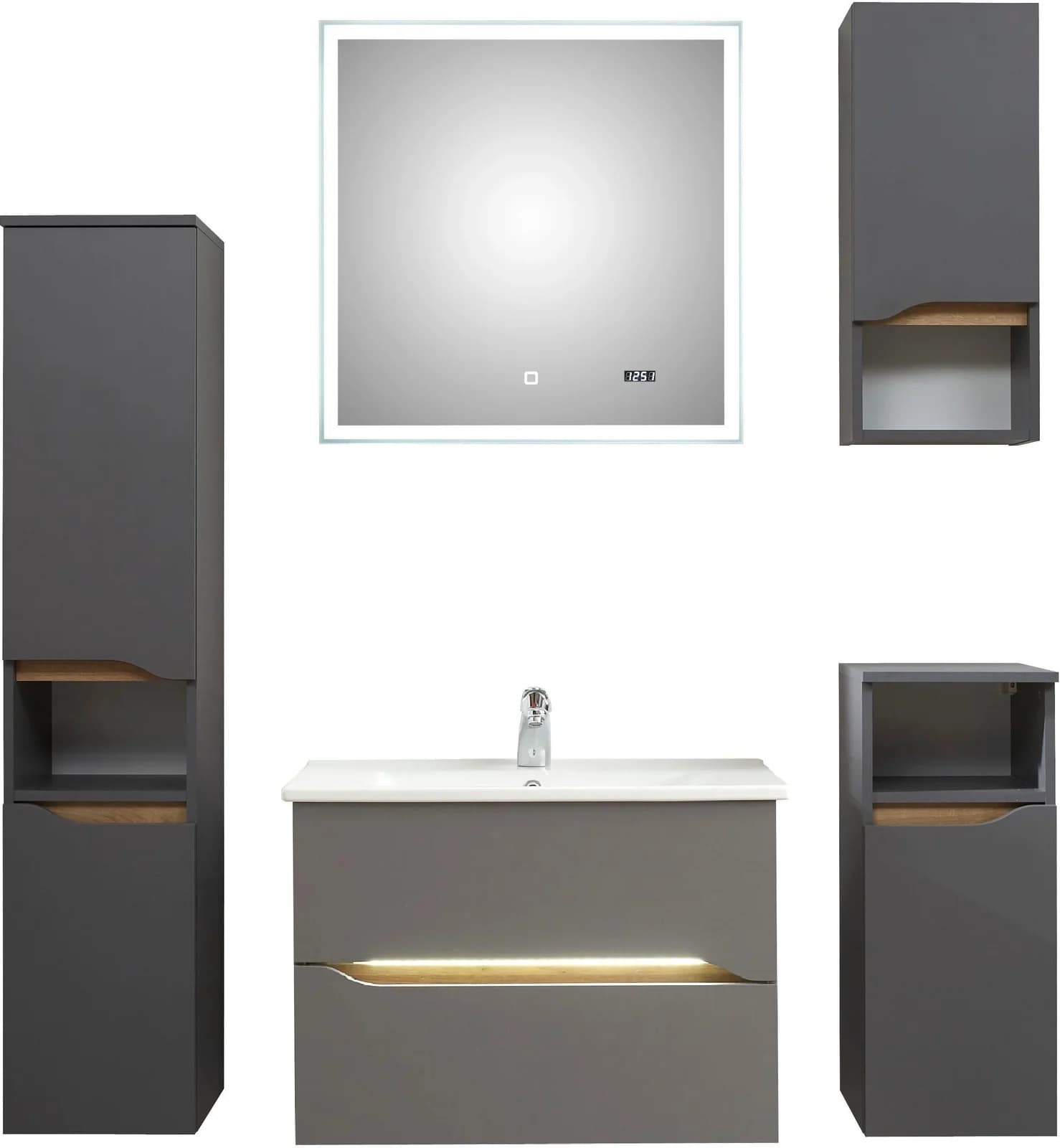 Badmöbel-Set SAPHIR "Quickset 5-teilig, Keramik-Waschtisch mit LED-Spiegel" Quarzgrau Matt Touch