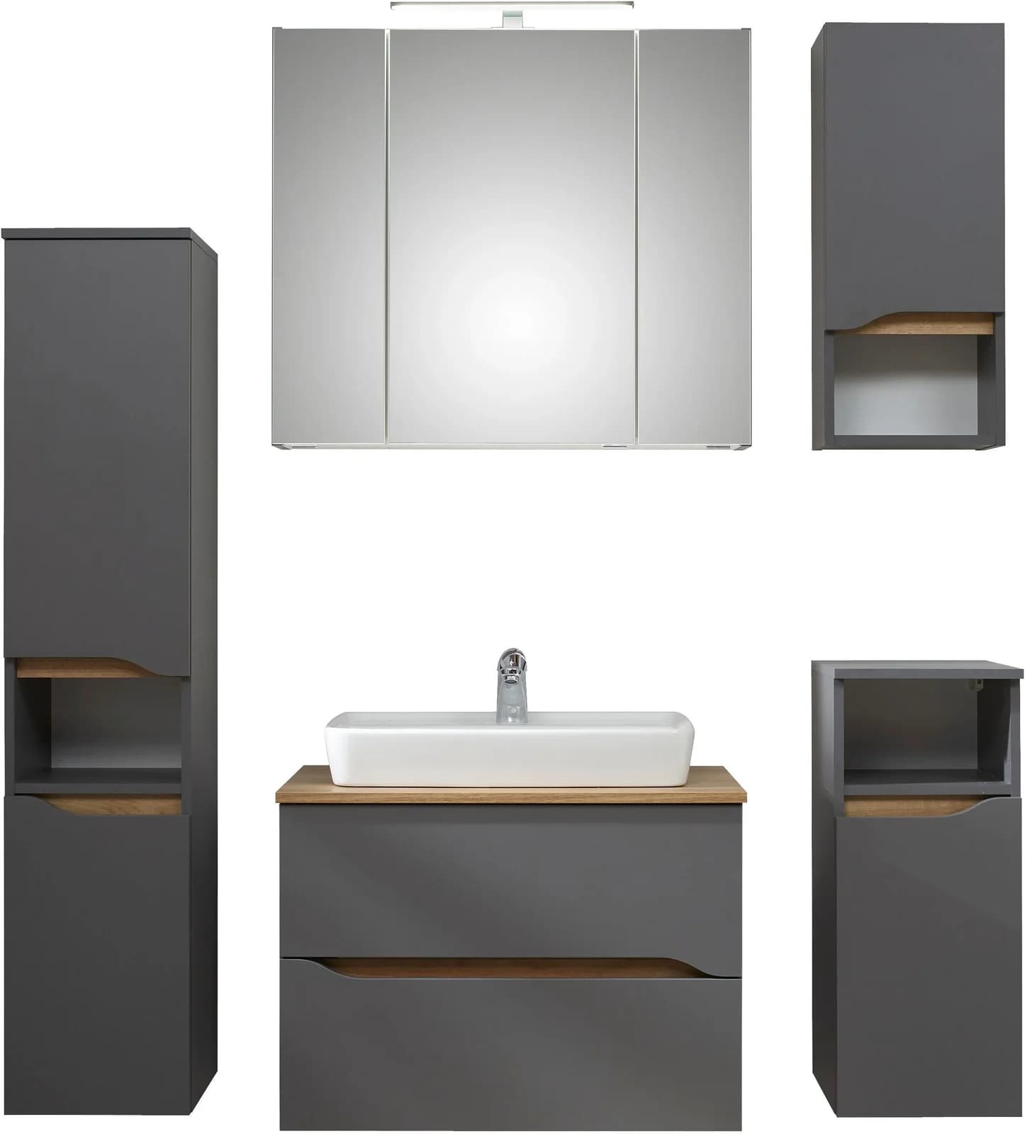 Badmöbel-Set SAPHIR Quickset 5-teilig Keramik-Aufsatzbecken LED-Spiegelschrank Grau