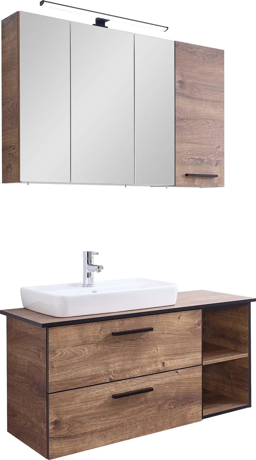 Badmöbel-Set SAPHIR Quickset 374 Keramik-Aufsatzbecken LED-Spiegelschrank Eiche Ribbeck Quer Nachbildung