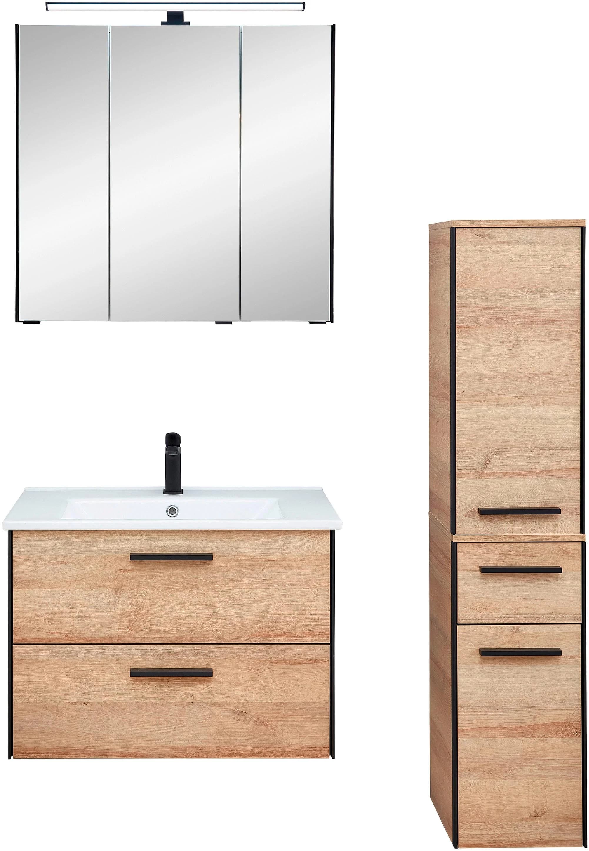 Badmöbel-Set SAPHIR Quickset 395 3-teilig Keramikwaschtisch LED-Spiegelschrank Braun