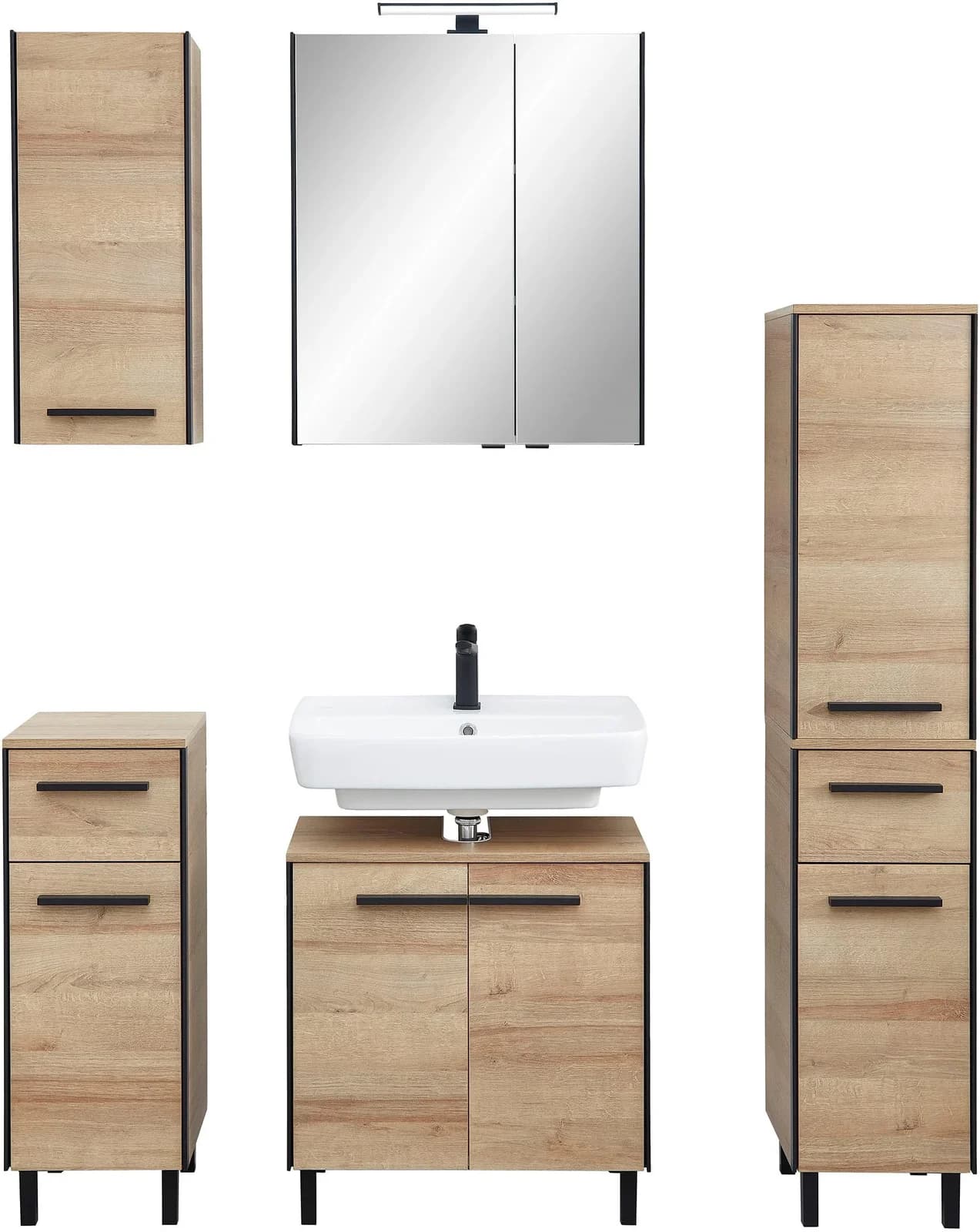 Badmöbel-Set SAPHIR Quickset 395 5-teilig Waschbeckenunterschrank LED-Spiegelschrank Braun