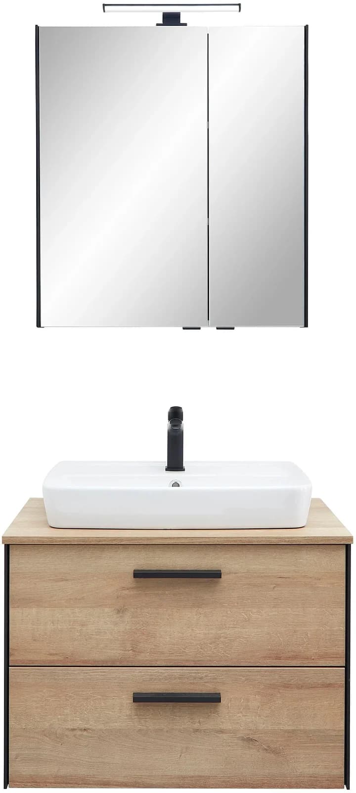 Badmöbel-Set SAPHIR "Quickset 395 2-teilig, Keramik-Aufsatzbecken mit LED-Spiegelschrank" Braun