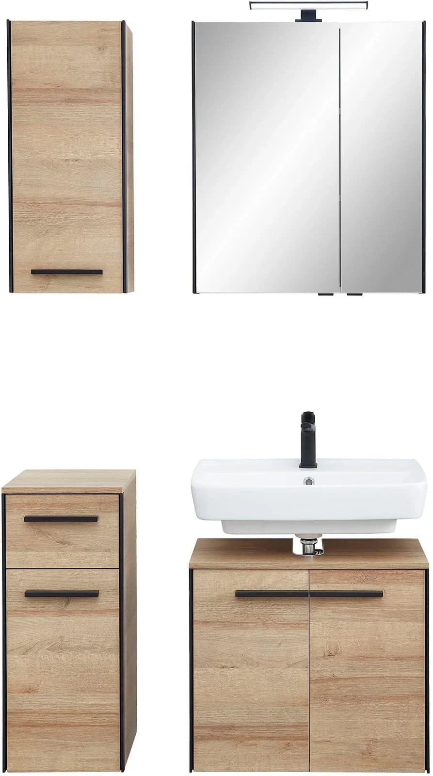 Badmöbel-Set SAPHIR "Quickset 395 4-teilig" Waschbeckenunterschrank mit LED-Spiegelschrank, braun, Riviera Eiche quer Nachbildung