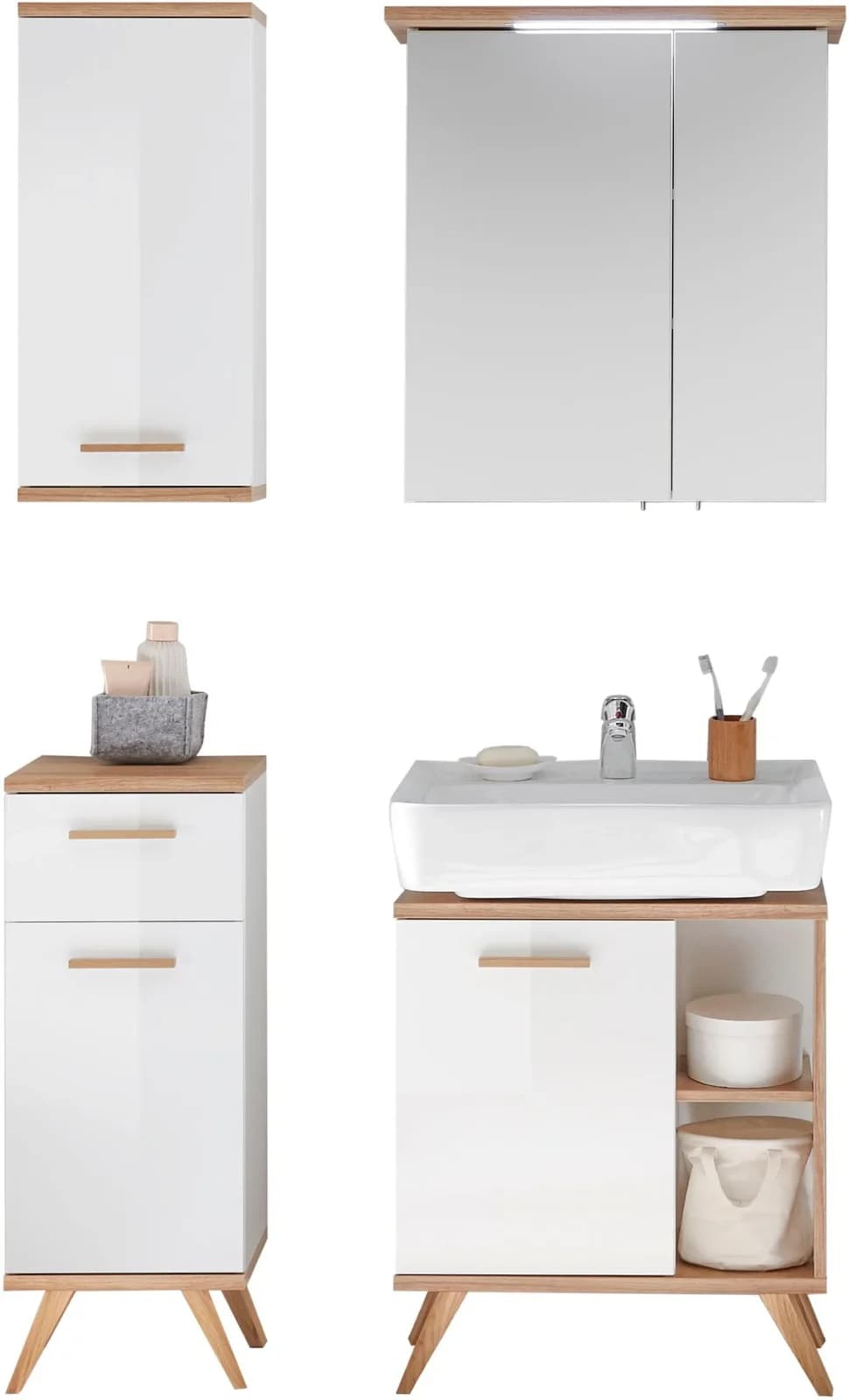 Badmöbel-Set SAPHIR Quickset 4-teilig mit LED-Spiegelschrank Weiß/Eiche