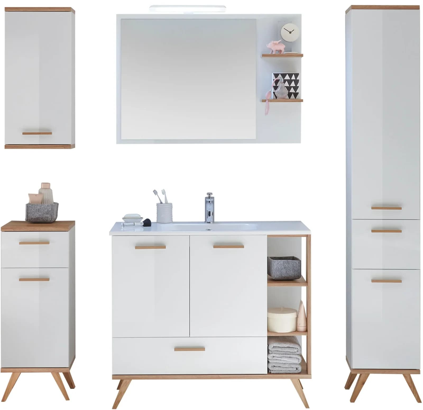 Badmöbel-Set SAPHIR Quickset mit LED-Spiegel und Mineralmarmor-Waschtisch