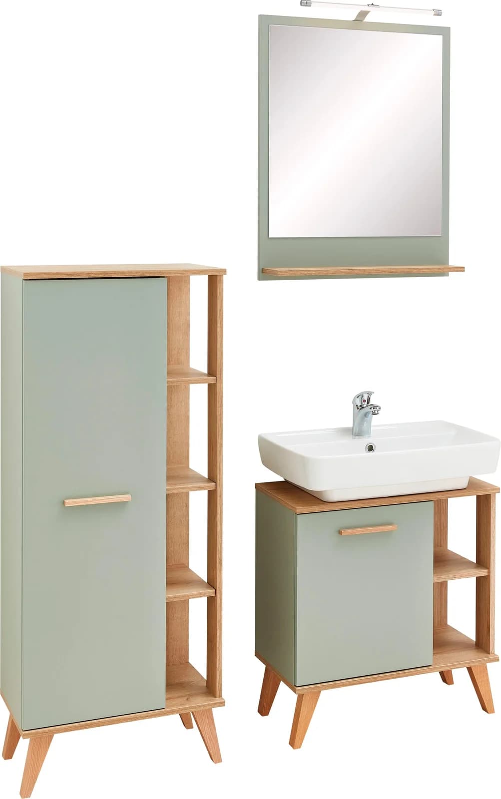 Badmöbel-Set SAPHIR Quickset 3-teilig Waschbeckenunterschrank mit LED-Spiegel Braun Riviera Eiche/Salbei Nachbildung