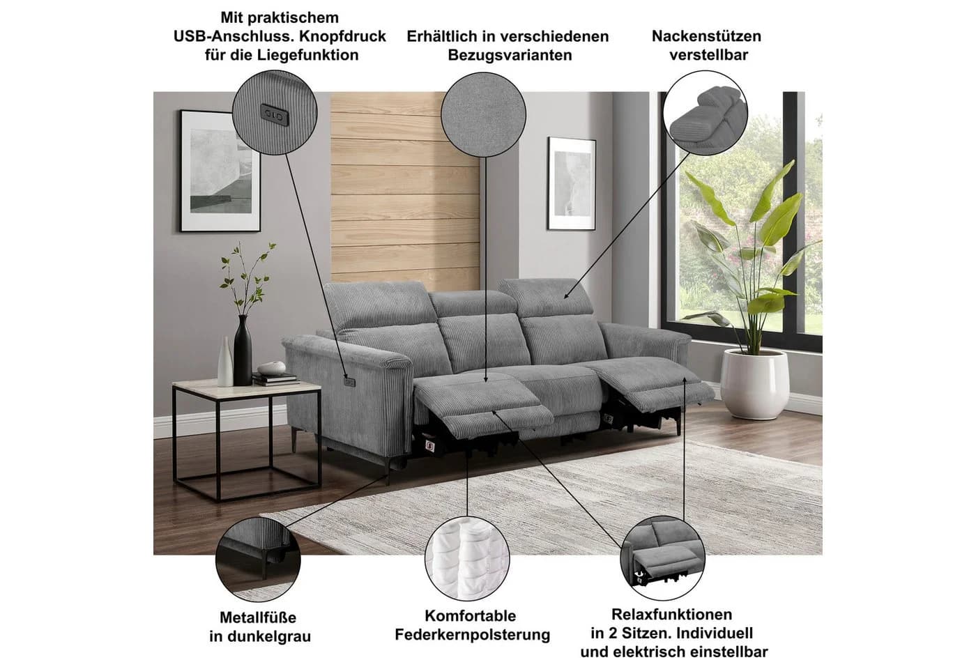 OTTO HOME LUND Cord 3-Sitzer Sofa Grau Elektrische Relaxfunktion - Bild 3