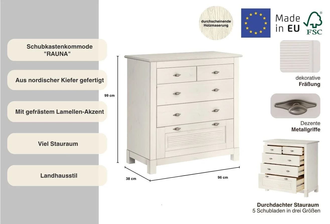 OTTO HOME Rauna Schubkastenkommode Weiß Massivkiefer 5 Schubladen - Bild 3