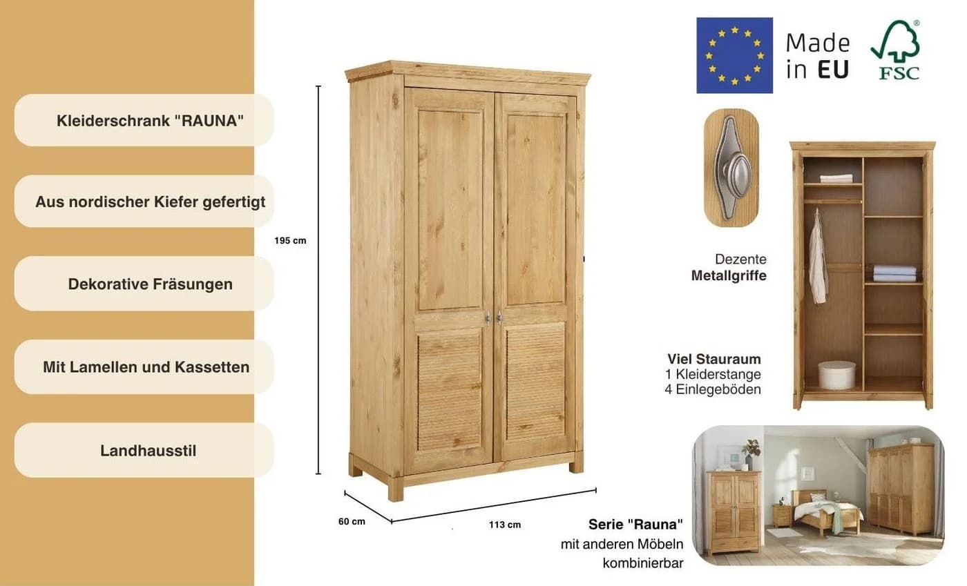 OTTO HOME Kleiderschrank Rauna Landhausstil Massivholz Kiefer - Bild 3