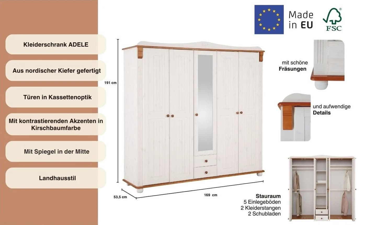 OTTO HOME Adele Kleiderschrank Weiß Massivholz Kiefer 5-Türer - Bild 3