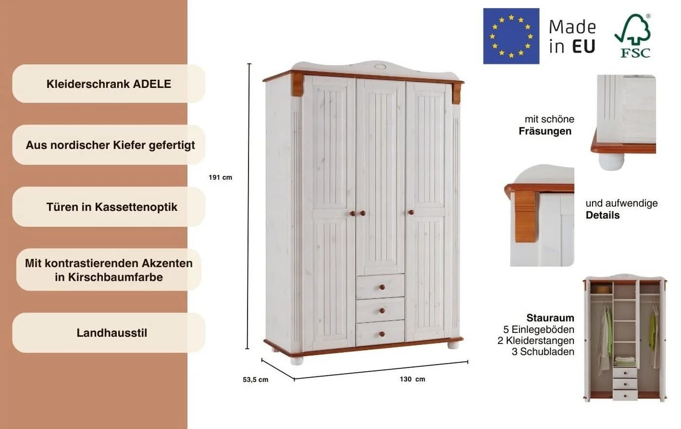OTTO HOME Kleiderschrank Adele Weiß Massivholz Kiefer - Bild 3