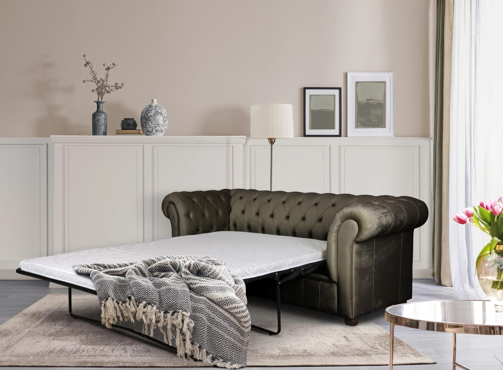 HOME AFFAIRE CHARENTE 3-Sitzer Sofa mit Bettfunktion Braun Chesterfield