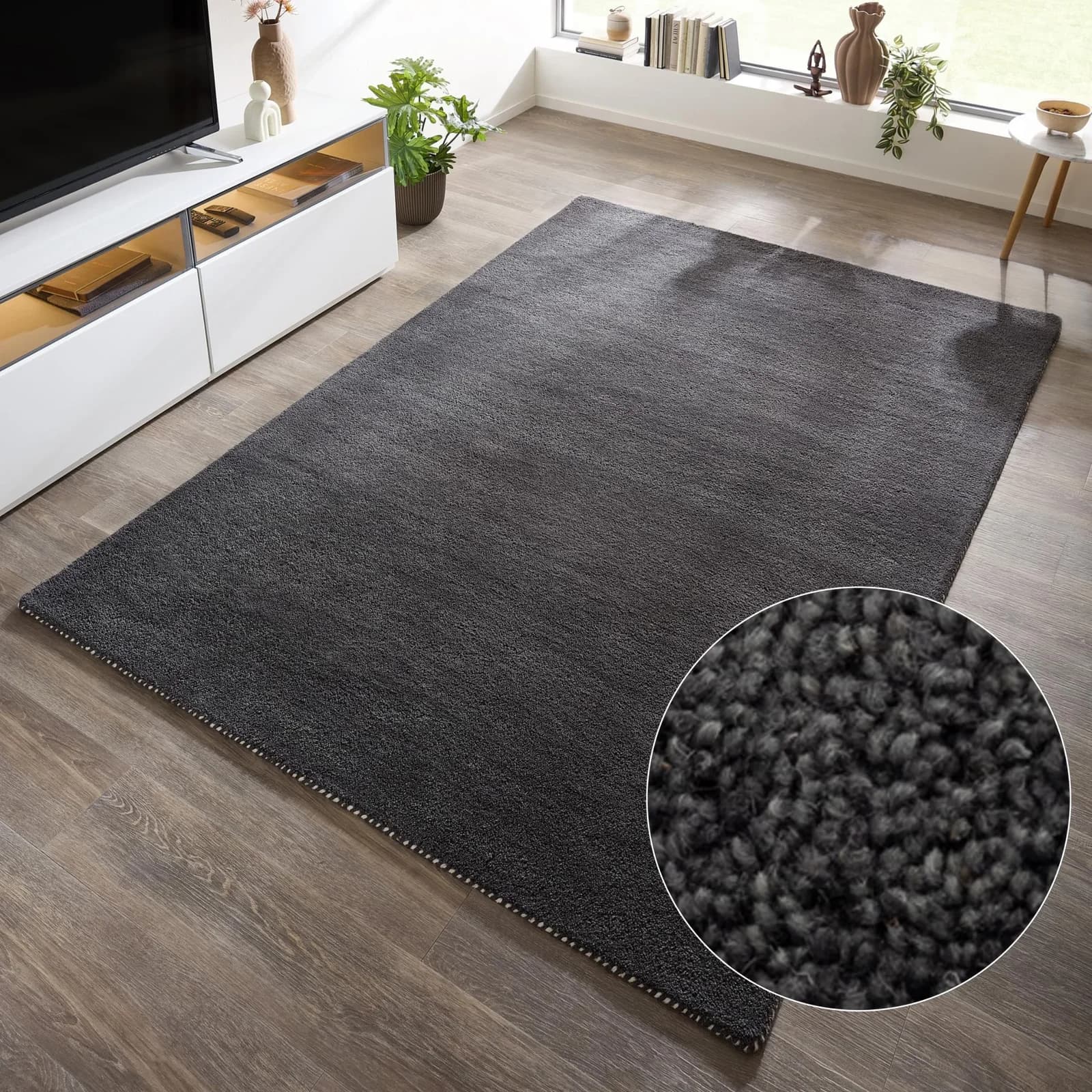 Handgefertigter Wollteppich im Gabbeh-Stil, Dunkelgrau, 120x180 cm
