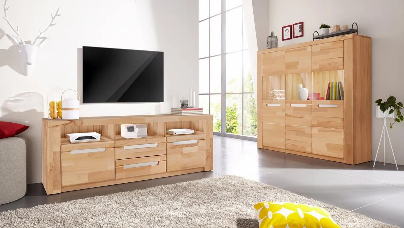 OTTO HOME Highboard Kolding Beige 3 Glastüren Massivholz Front - Bild 1