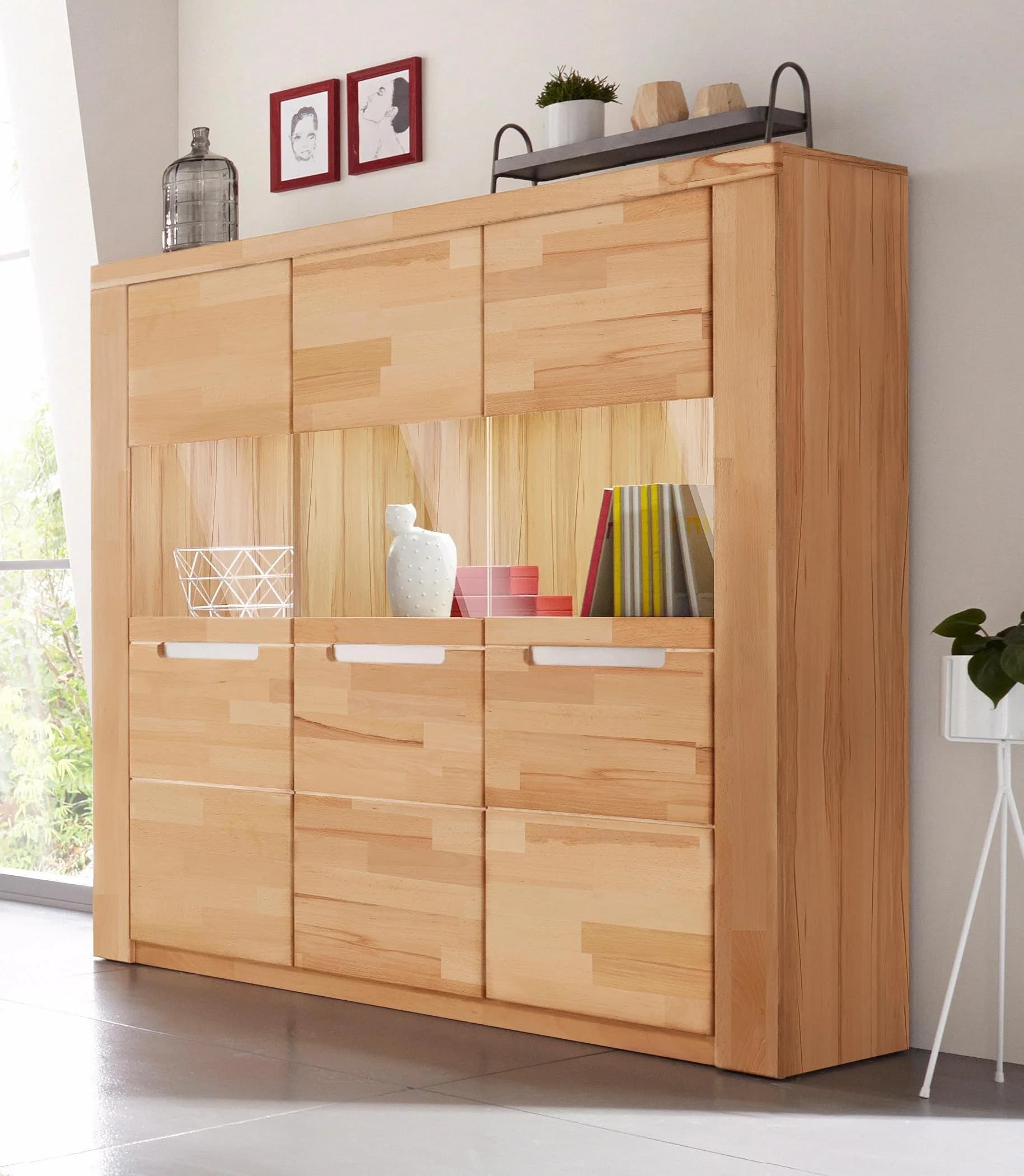 OTTO HOME Highboard Kolding Beige 3 Glastüren Massivholz Front - Bild 5