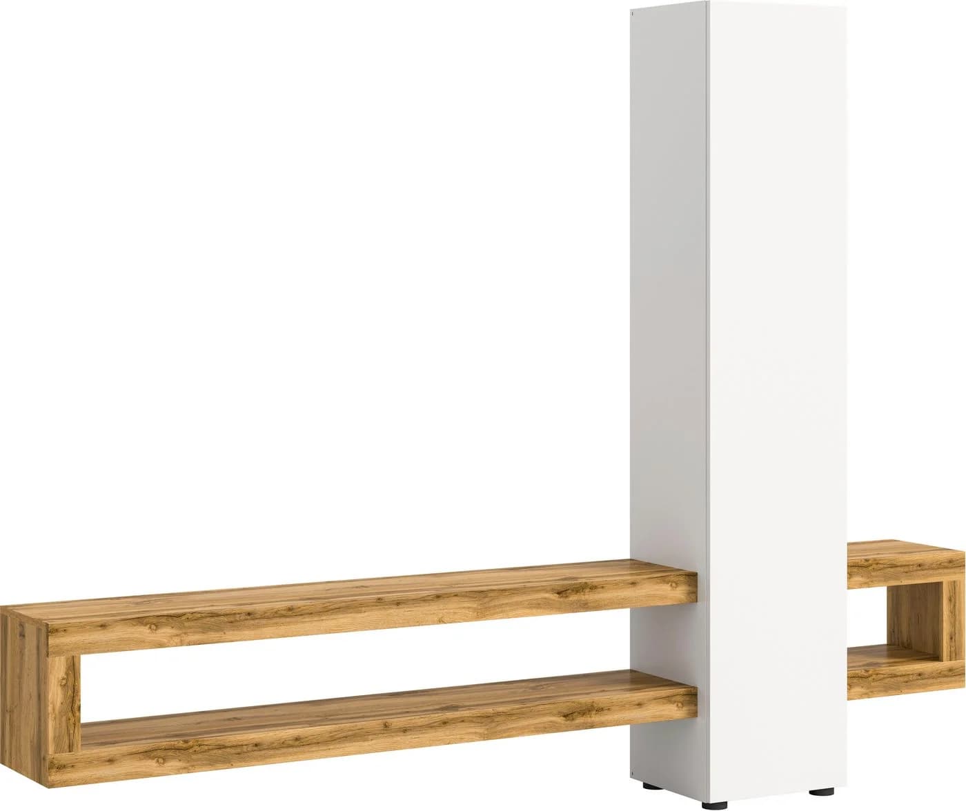 Wohnwand Zolder mit langem Lowboard in Wildeiche-Optik und schmalem weißem Hochschrank vor weißem Hintergrund.