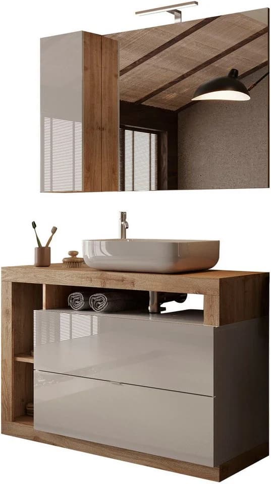 WELLTIME Badmöbel-Set Hamburg 110 cm Weiß Eiche Cadiz NB mit LED - Bild 2