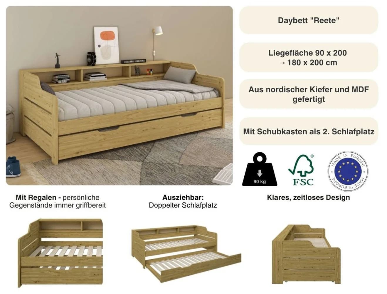 Daybett OTTO HOME REETE1 mit Stauraum und Schubkasten Natur - Bild 3