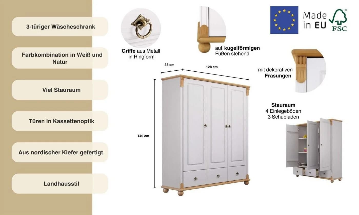 OTTO HOME Wäscheschrank Tessin Weiß Honig Massivholz Kiefer - Bild 3