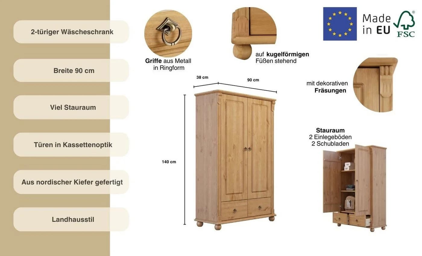 OTTO HOME Wäscheschrank Tessin Massivholz Kiefer Beige - Bild 3