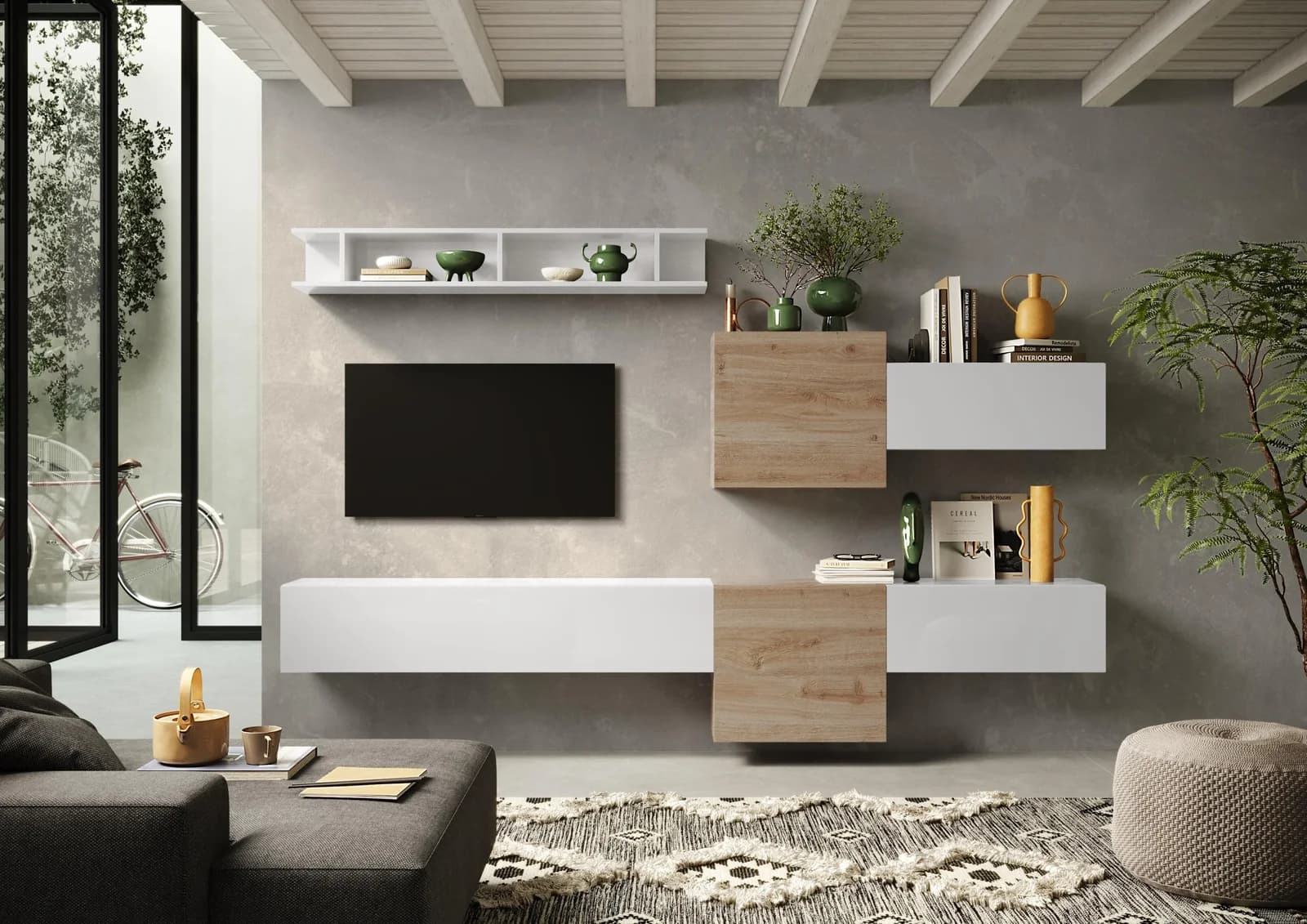 HOME AFFAIRE Infinity Wohnwand 6-tlg. Weiß Hochglanz Eiche