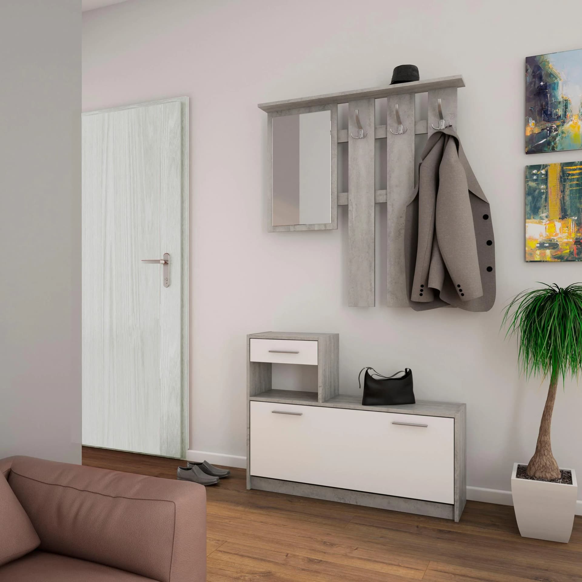 BYLIVING Garderoben-Set Tamina Weiß Beton Spiegel Schubkasten