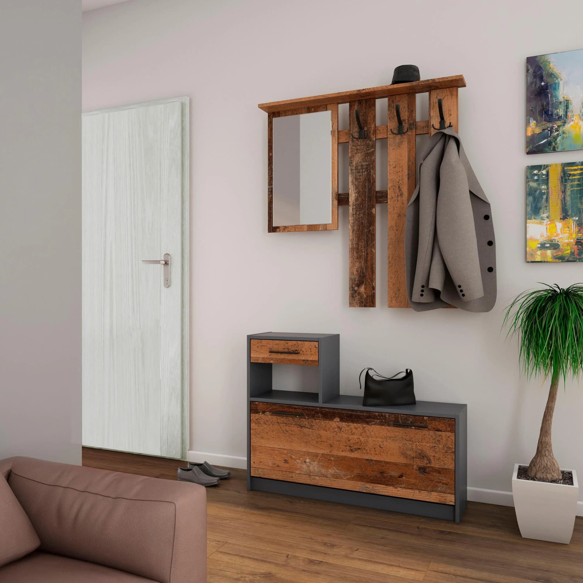 BYLIVING Garderoben-Set Tamina Old Wood Anthrazit mit Spiegel