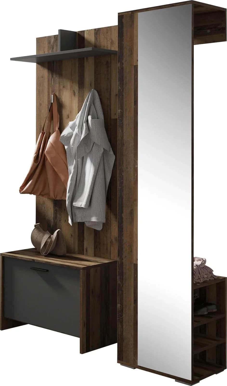 BYLIVING Garderoben-Set Ben Grau Old Wood Anthrazit mit Spiegel