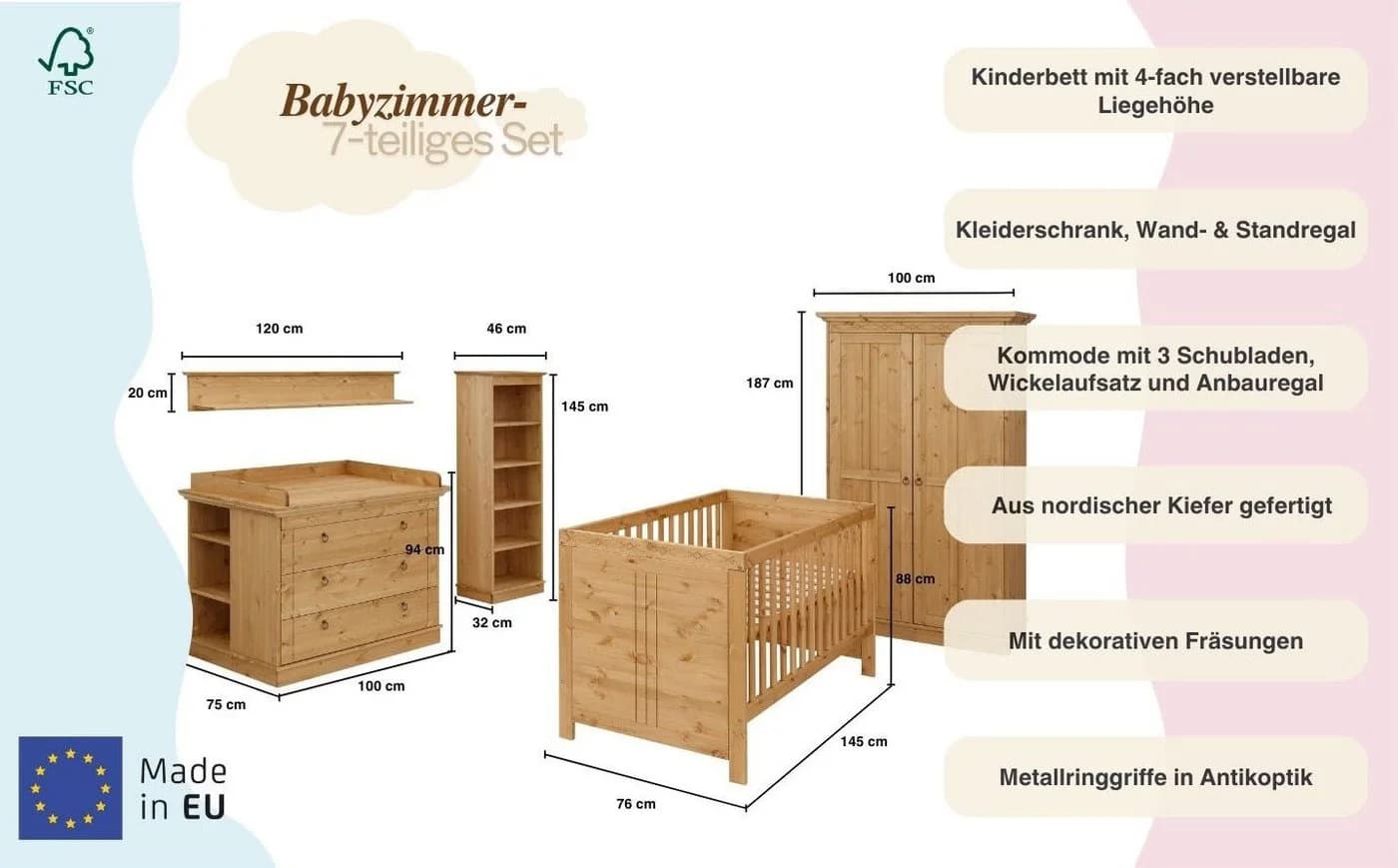 OTTO home Babyzimmer-Komplettset Indra 7-tlg. Kiefer Massivholz - Bild 3