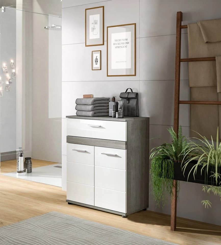 Midischrank WELLTIME LUCCA Weiß Hochglanz 2 Türen 1 Schublade