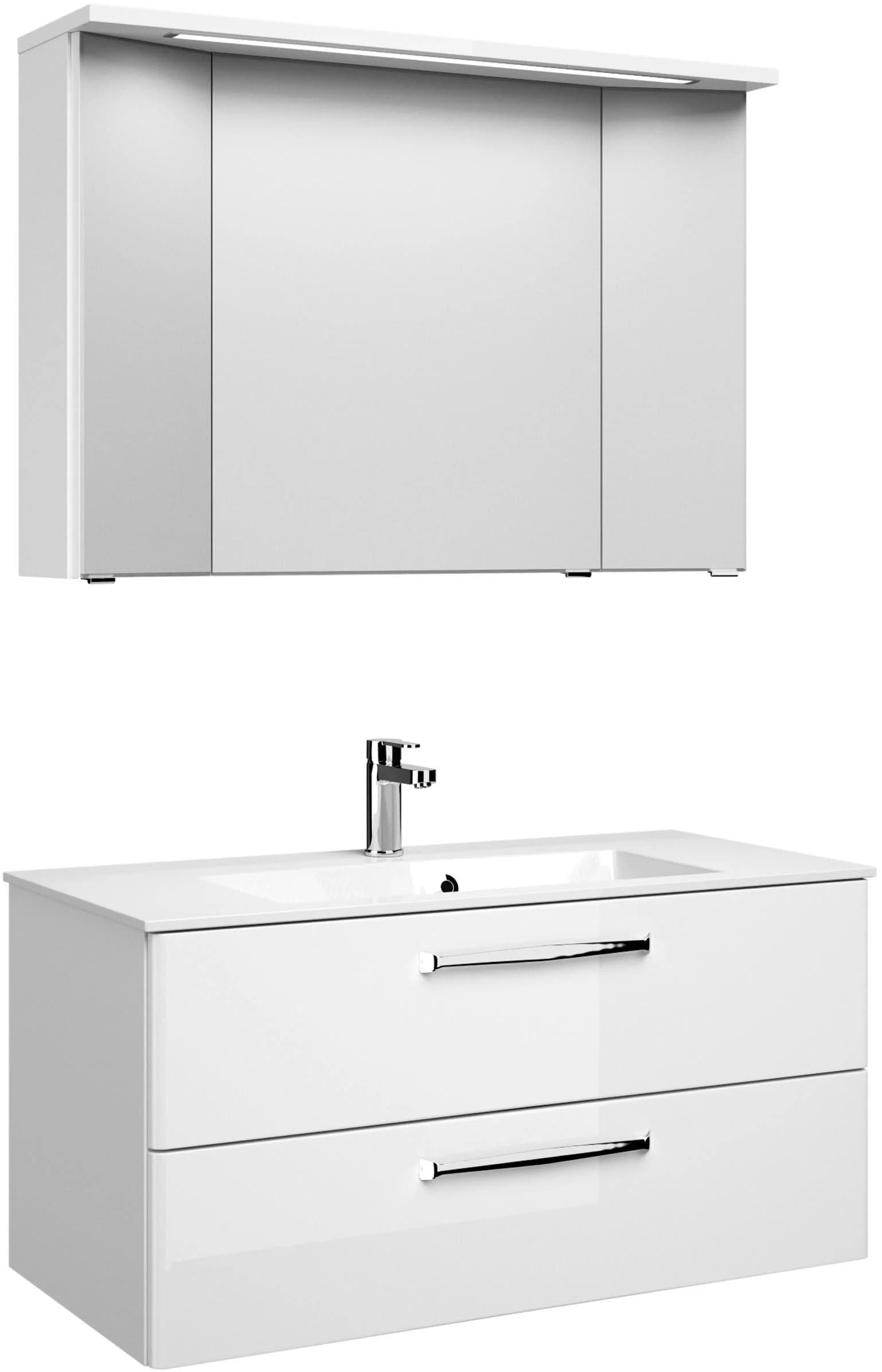 Badmöbel-Set SAPHIR Trentino 2-teilig Mineralmarmor-Waschtisch LED-Spiegelschrank Weiß Hochglanz