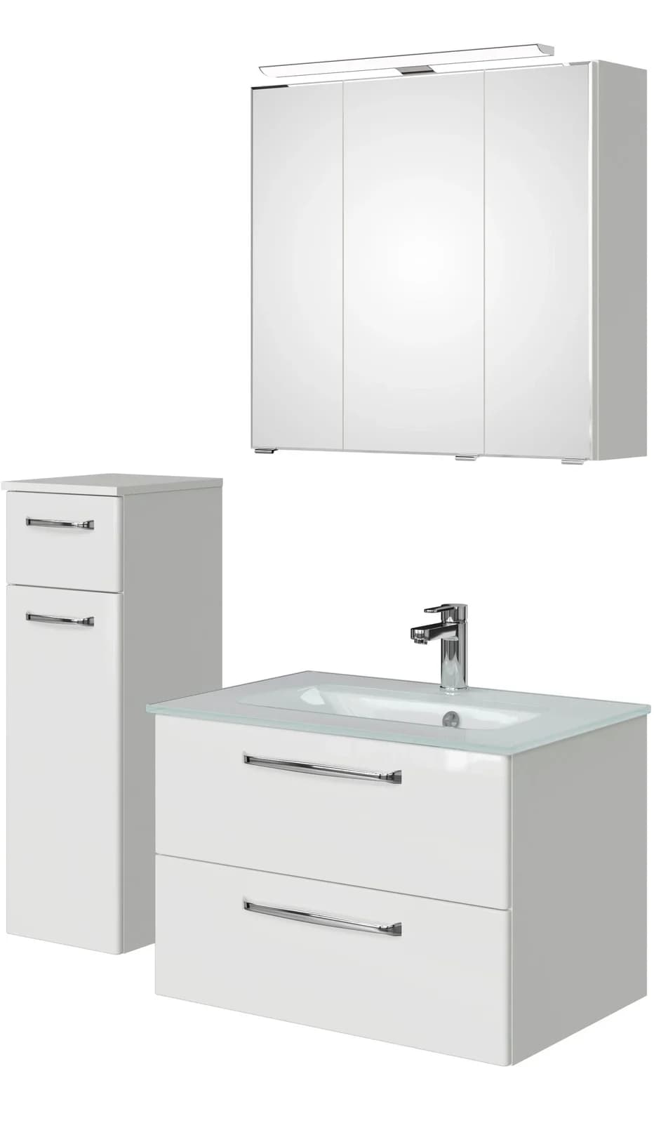 Baur Versand Badmöbel-Set Trentino 3-teilig Glas-Waschtisch LED-Spiegelschrank Weiß Hochglanz