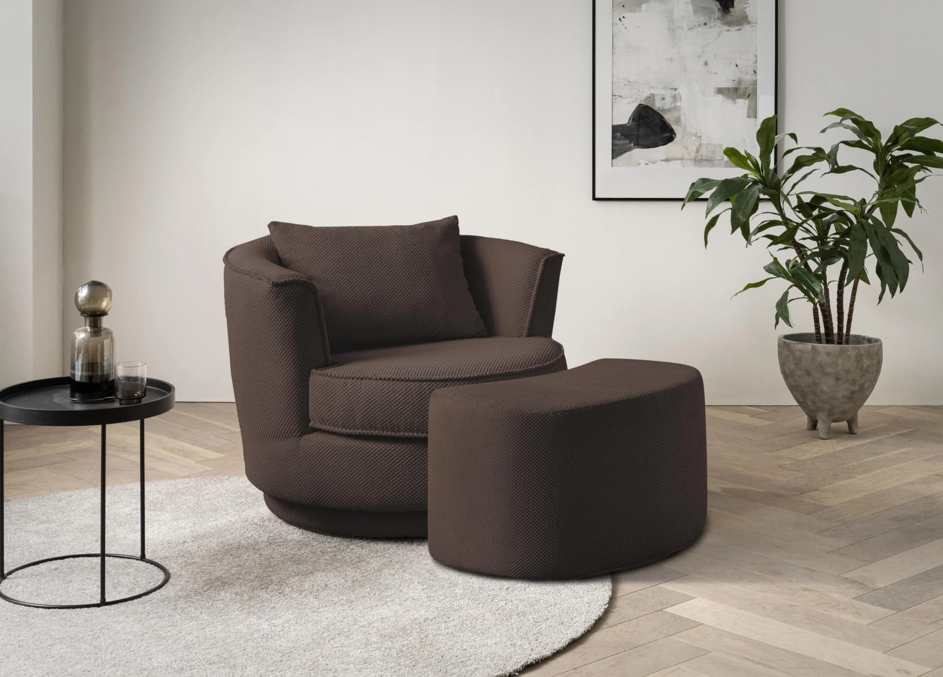 HOME AFFAIRE MAISIE Drehsessel mit Hocker Braun Webvelours