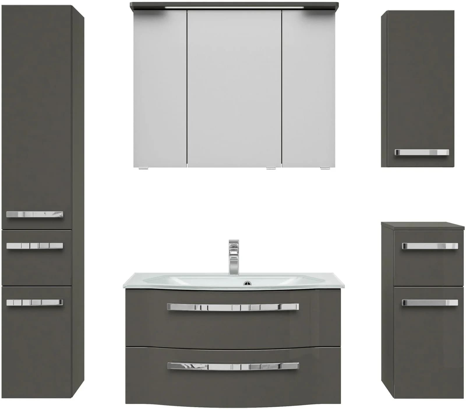 Baur Versand Badmöbel-Set SAPHIR Serie 4005 vormontiert Glaswaschbecken Spiegelschrank Grau Holzwerkstoff