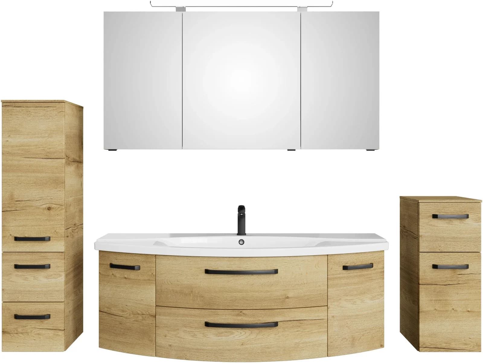 Badmöbel-Set SAPHIR Serie 4010 4-teilig Keramik-Waschtisch mit LED-Spiegelschrank Braun Eichenoptik