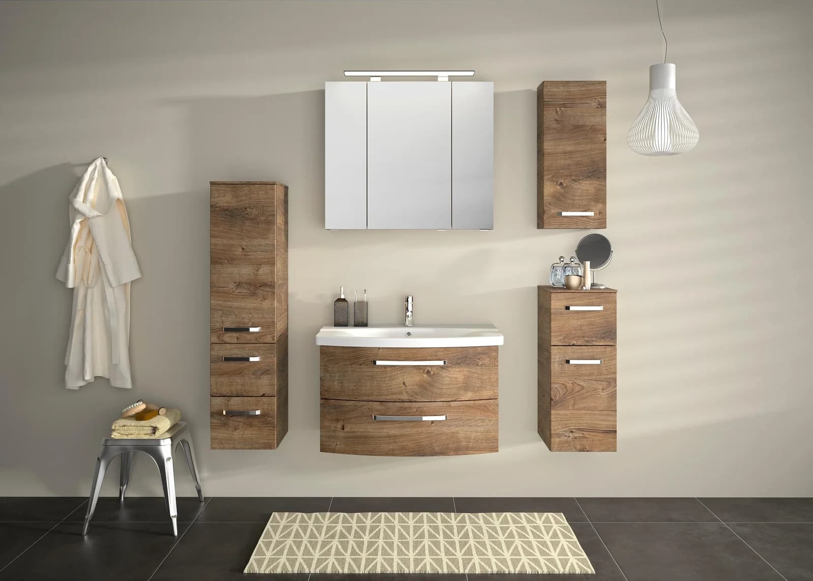 Badmöbel-Set SAPHIR Serie 4010 4-teilig Keramik-Waschtisch mit LED-Spiegelschrank Braun Eiche Ribbeck Quer Nachbildung