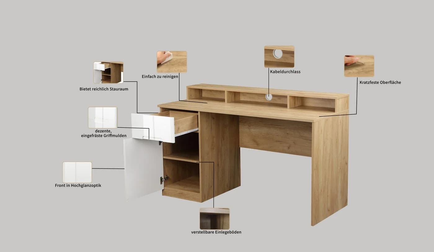 OTTO HOME Lund Schreibtisch Weiß Eichefarben Hochglanz - Bild 3