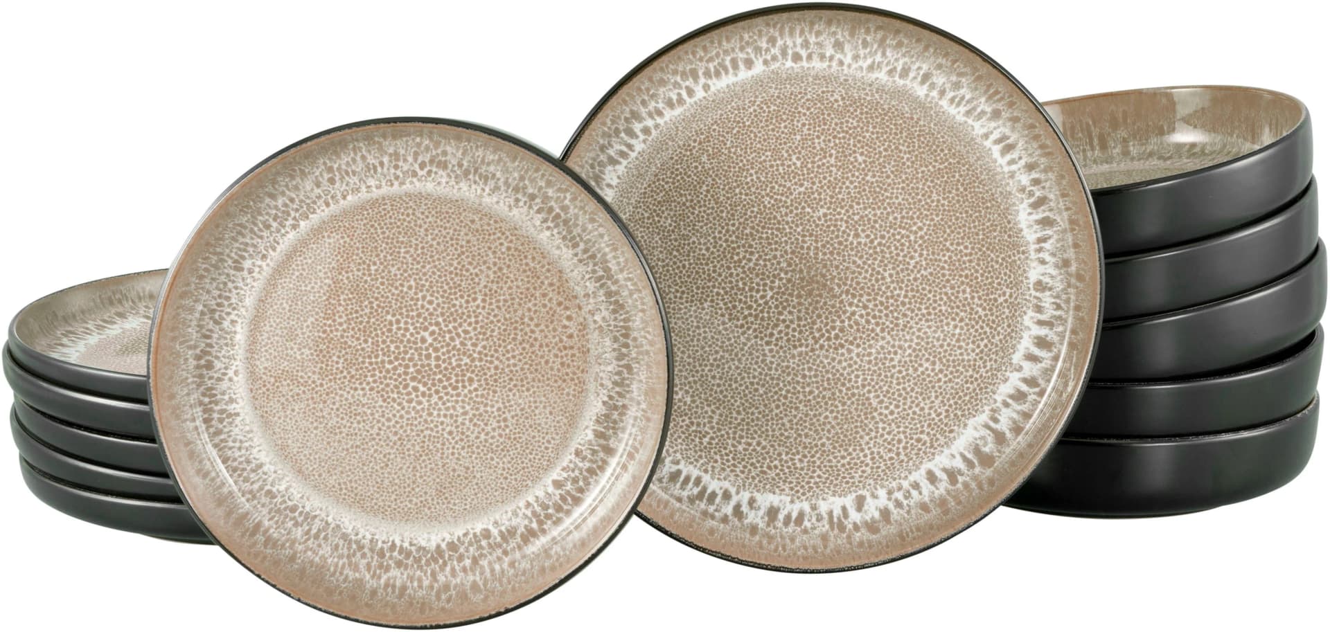Tafelservice MY HOME modernes Geschirr-Set Service Nydala Schwarz/Beige 12-tlg. Steinzeug