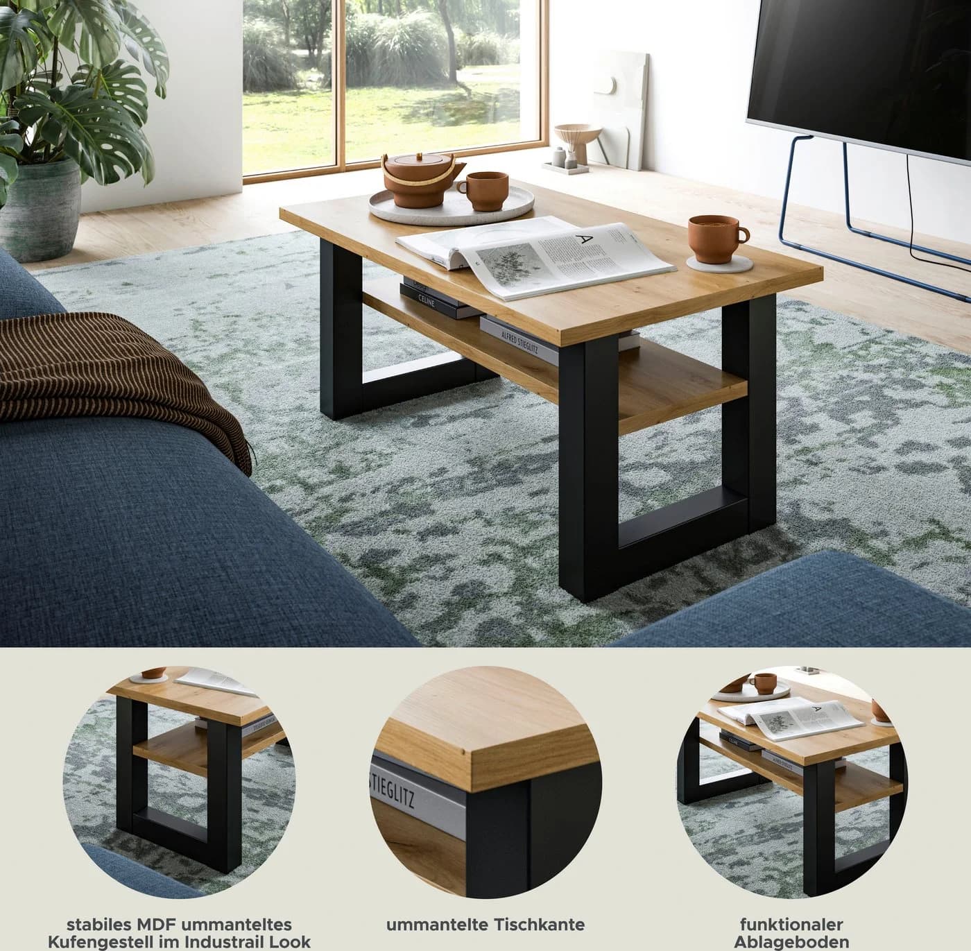 HOME AFFAIRE Couchtisch Rail Grau Eiche Nachbildung mit Ablageboden - Bild 3