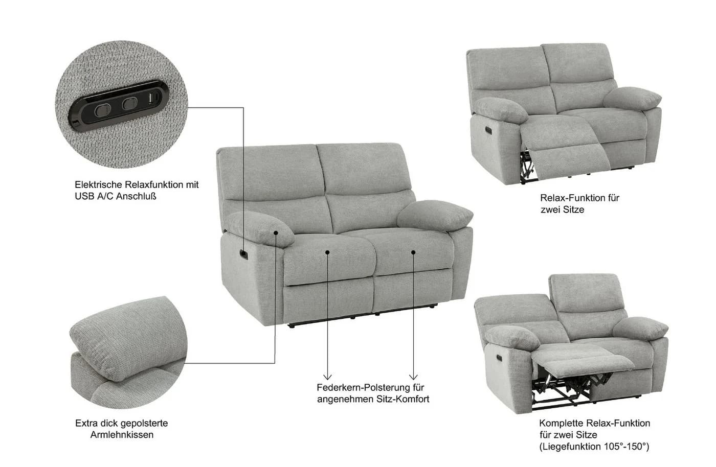 HOME AFFAIRE LANNOY 2-Sitzer Sofa Elektrisch Relax Grau Webstoff - Bild 3