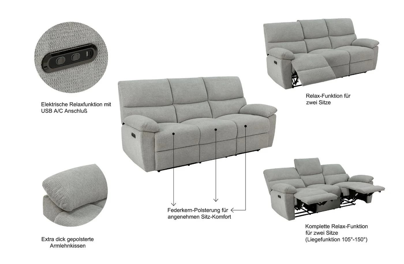 Home Affaire 3-Sitzer Relaxsofa Grau Elektrisch USB - Bild 4