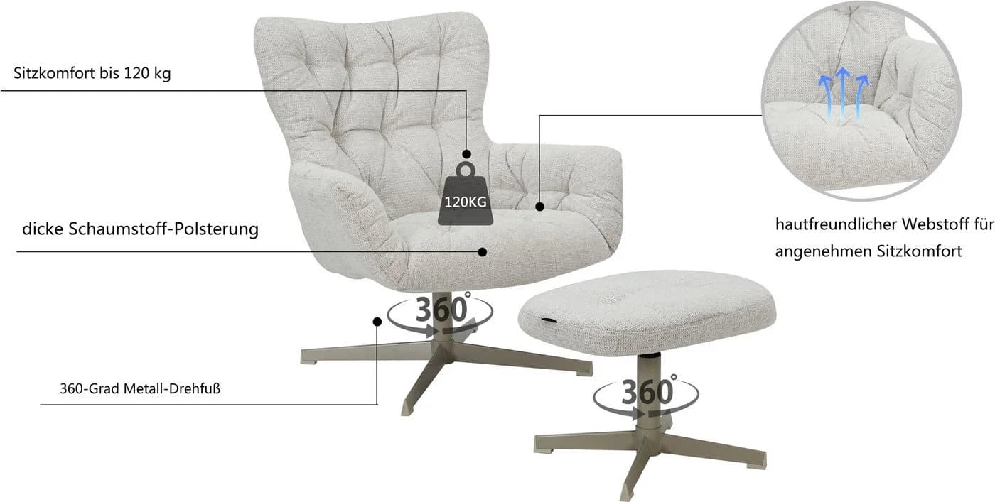 HOME AFFAIRE Vergas Ohrensessel mit Hocker Beige Drehfunktion - Bild 3