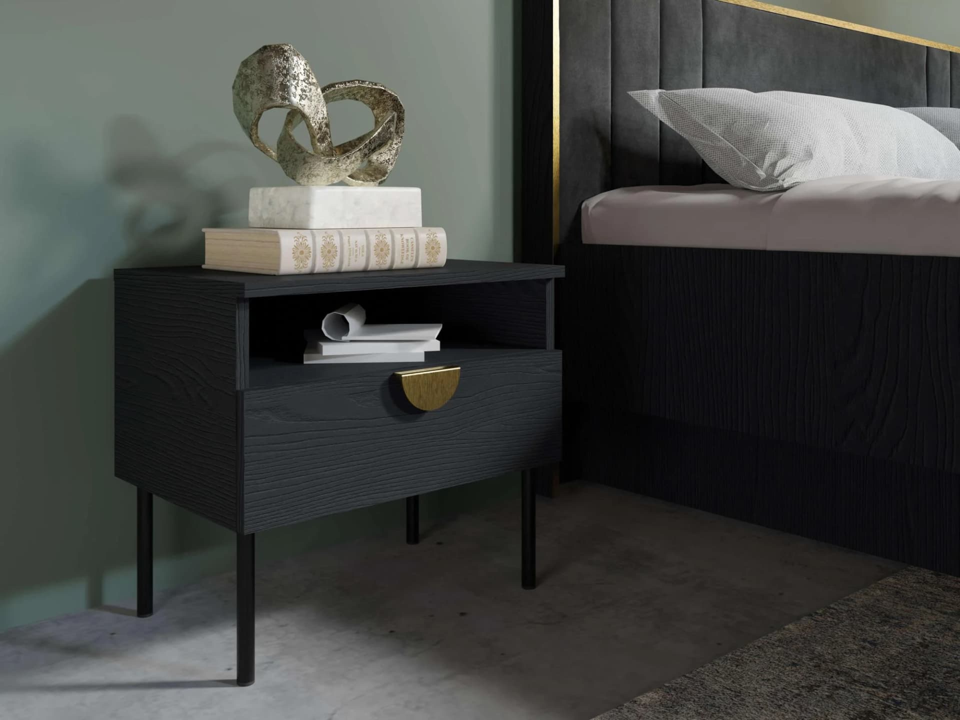 HOME AFFAIRE BELLOT 2er Set Nachtkonsole Schwarz Gold Metallgriffe