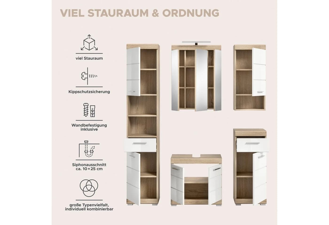 welltime Badmöbel-Set Siena 5-teilig mit LED Eiche Sonoma Weiß - Bild 5