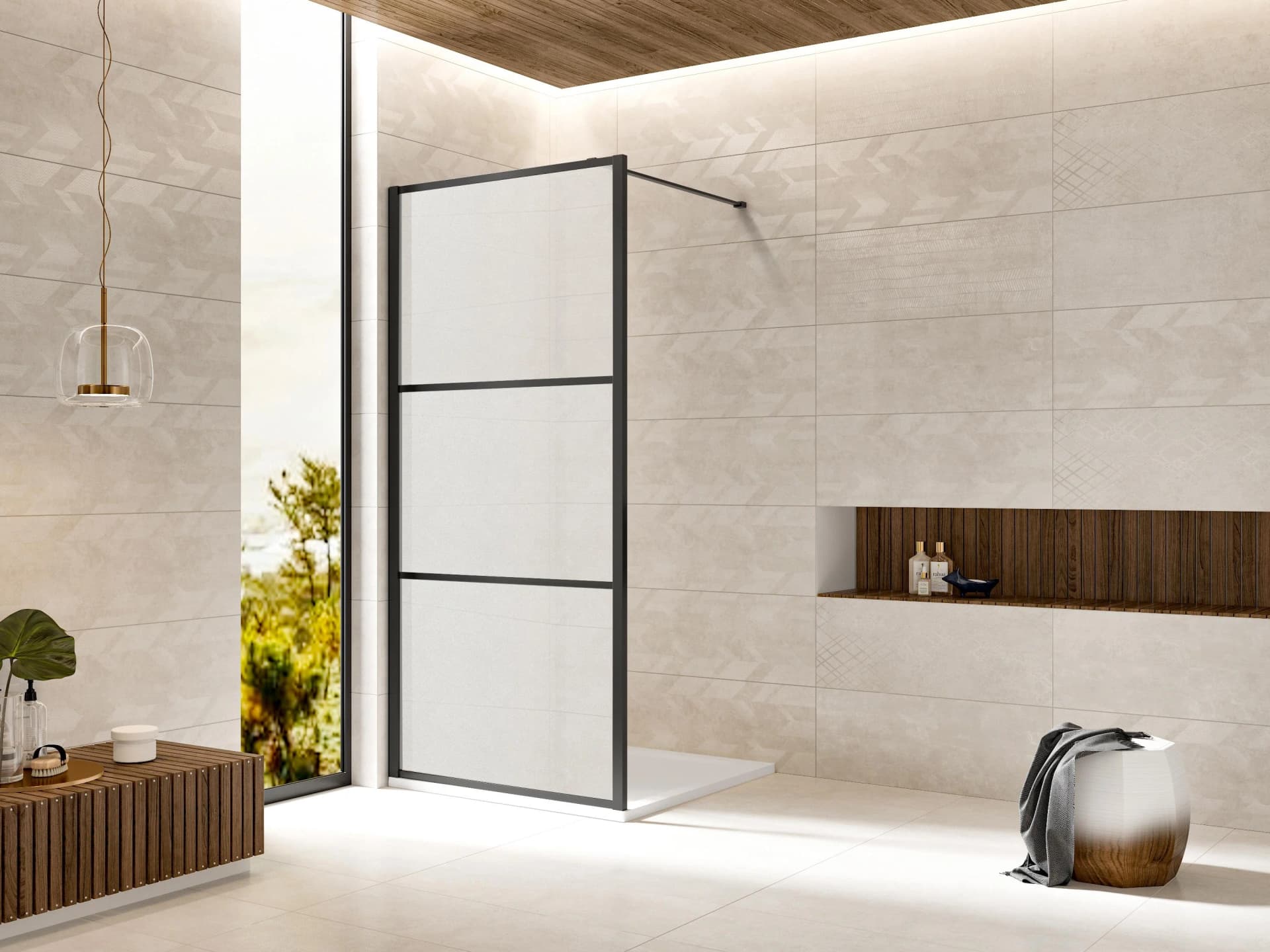 Walk-in-Dusche WELLTIME Walk In Black Blocks Frosted Milchglasscheiben