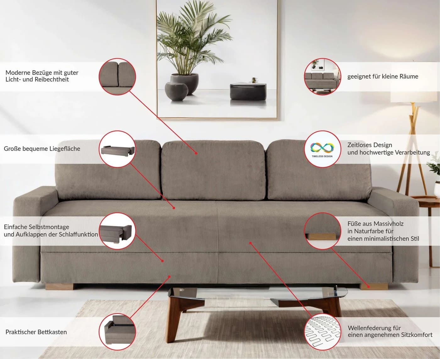 HOME AFFAIRE SHERIDIAN Schlafsofa 3-Sitzer Grau mit Bettkasten - Bild 3